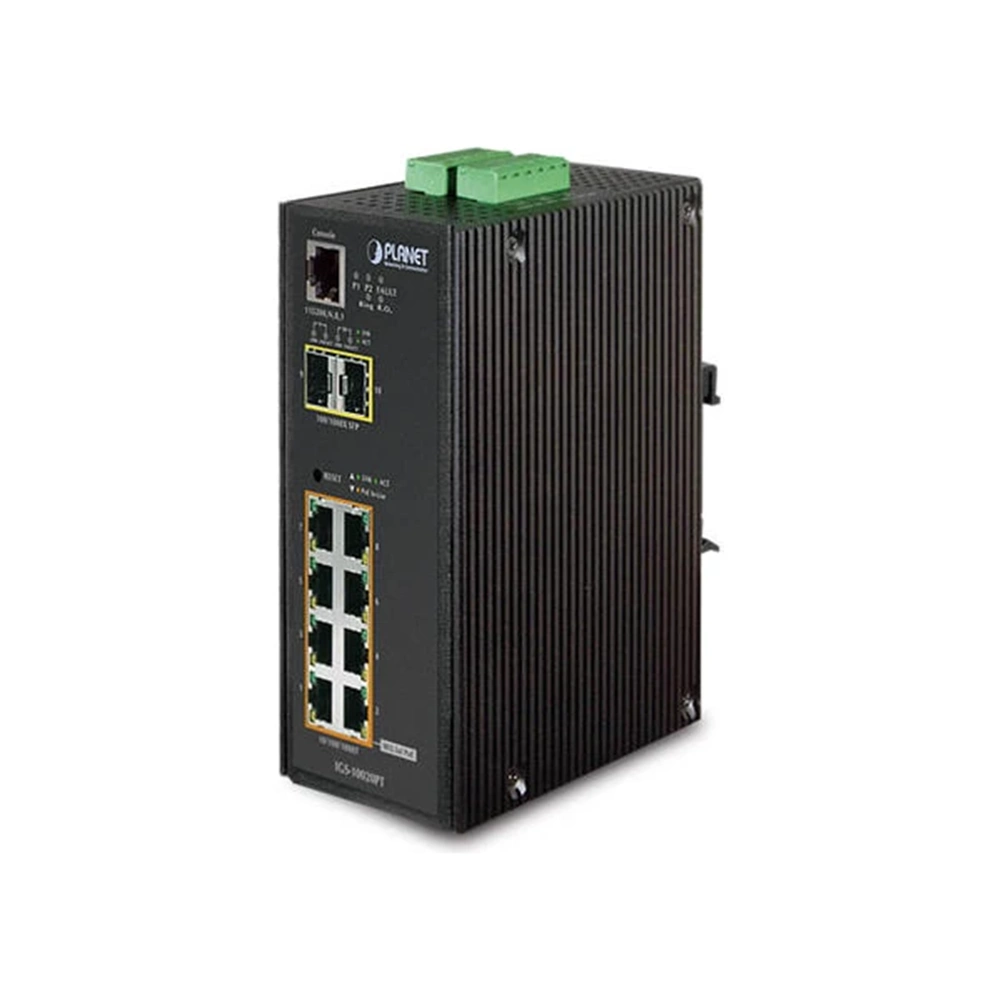 Planet PL-IGS-10020PT 8 Port Gigabit PoE+ 2 Port SFP Uplink Yönetilebilir Layer 2 240W Endüstriyel Switch