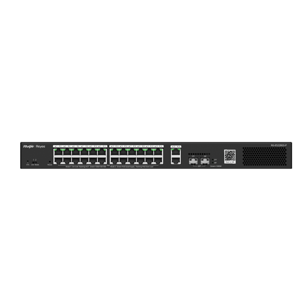 Ruijie Reyee RG-ES228GS-P 24 Port Gigabit PoE+ / 2 Port SFP Uplink 370W Layer 2 Yönetilebilir Switch