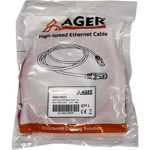 Ager AC-602-030 3 MT UTP CAT6 Patch Kablo Kırmızı Cu, Lszh Awg 26/7