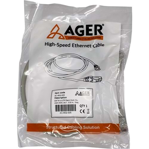 Ager AC-602-0025 25CM UTP CAT6 Patch Kablo Grı Cu, Lszh Awg 26/7