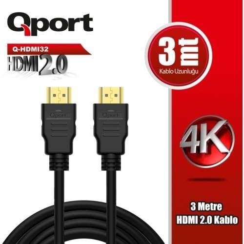 Qport Q-HDMI32 HDMI Kablo 3 MT Ver2.0 Altın Uçlu 3D 4K