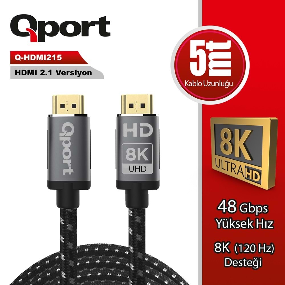 Qport Q-HDMI215 HDMI Kablo 5 MT 2.1V 8K Altın Uçlu Örgülü