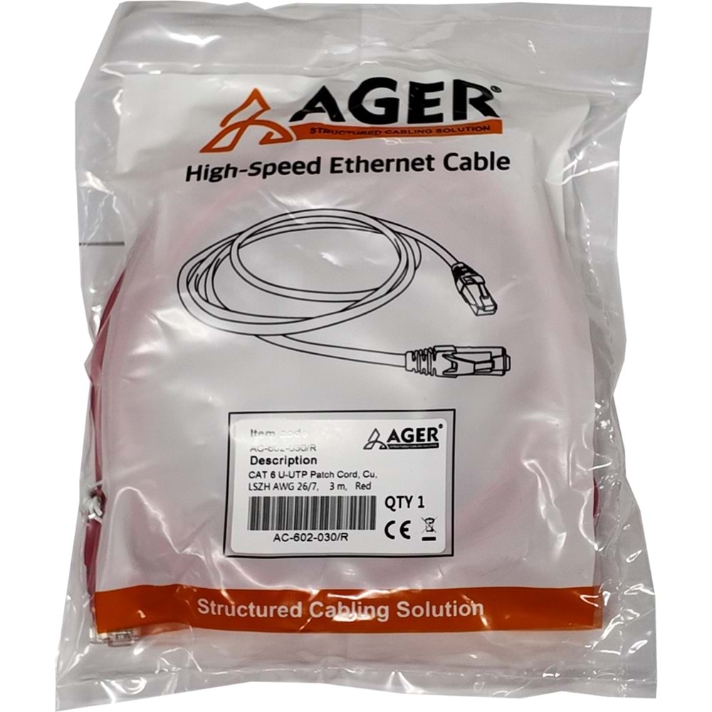 Ager AC-602-030 3 MT UTP CAT6 Patch Kablo Kırmızı Cu, Lszh Awg 26/7