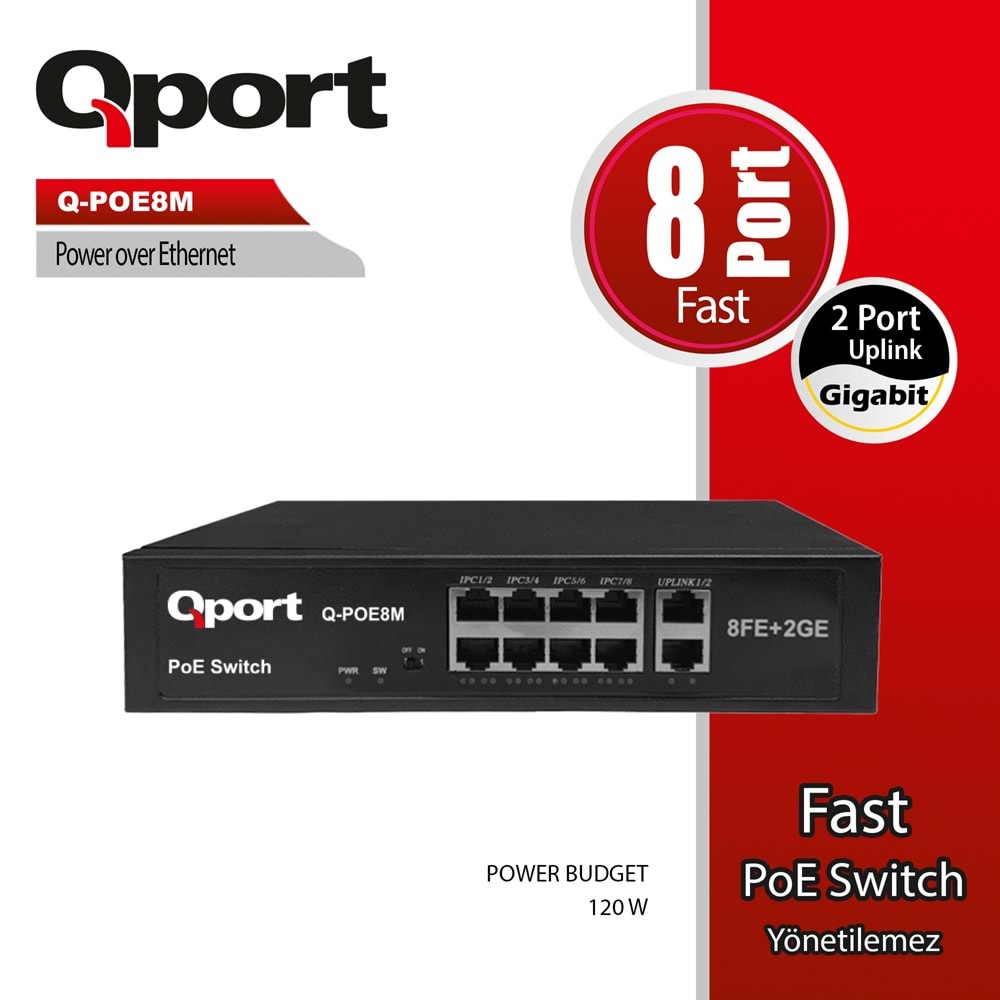 Qport Q-POE8M 8 Port 10/100 8 Port POE 2 Port Uplınk 120W Yonetılemez Desktop Swıtch